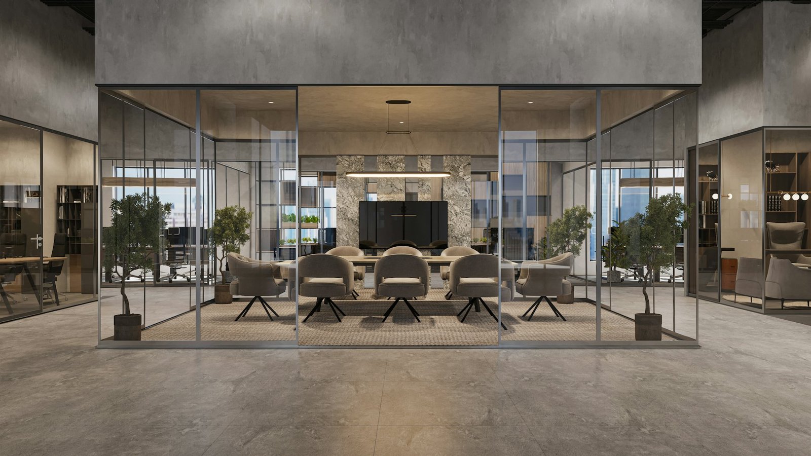 Office conference room with glass partitions