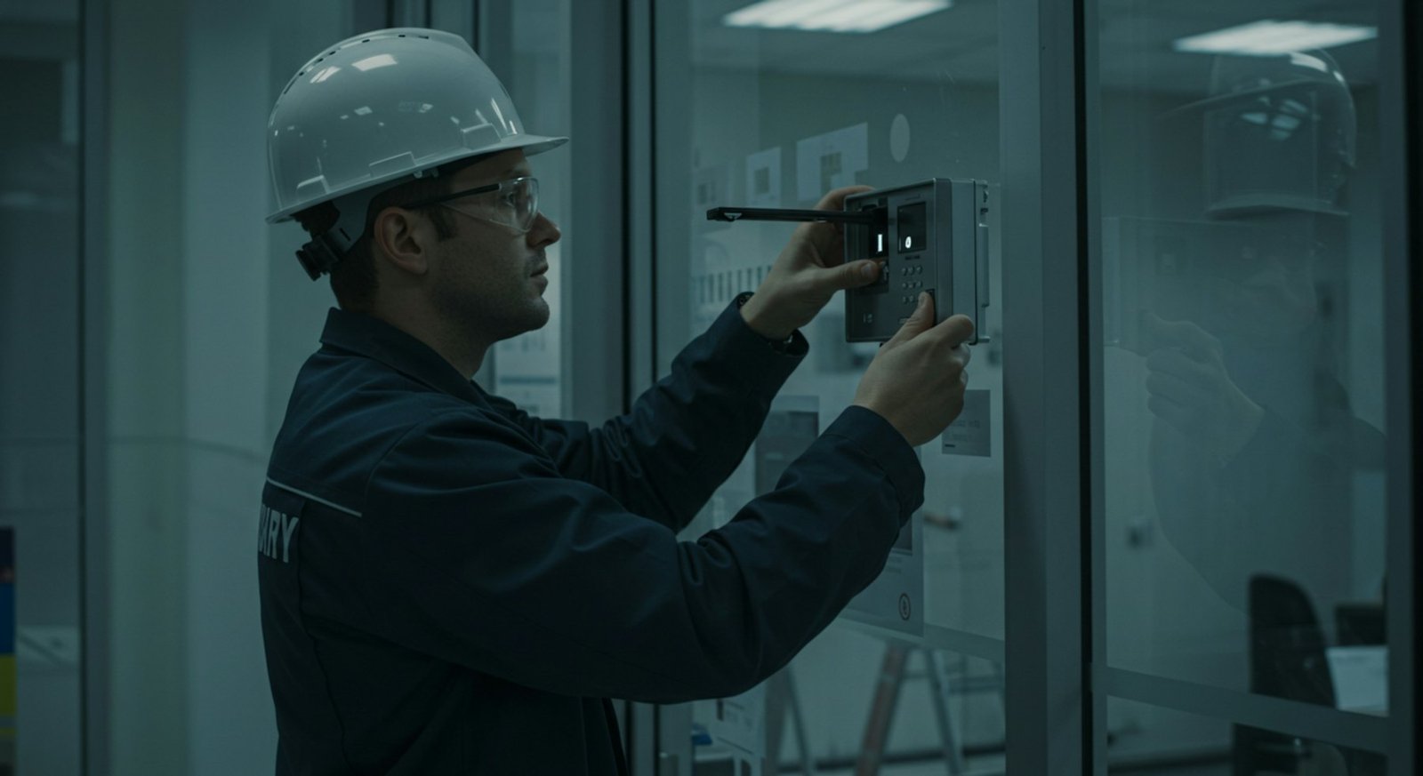 Technician servicing a commercial door