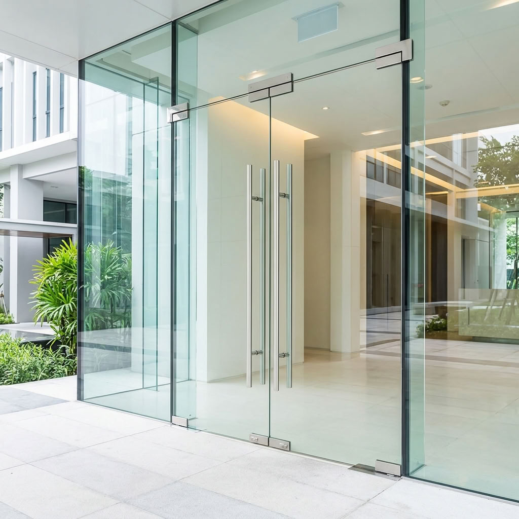 Frameless all-glass entrance doors with tall ladder pulls at an office building
