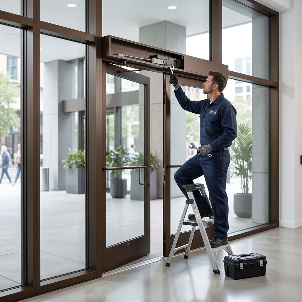 Technician on a step ladder adjusting the overhead closer on a bronze storefront door